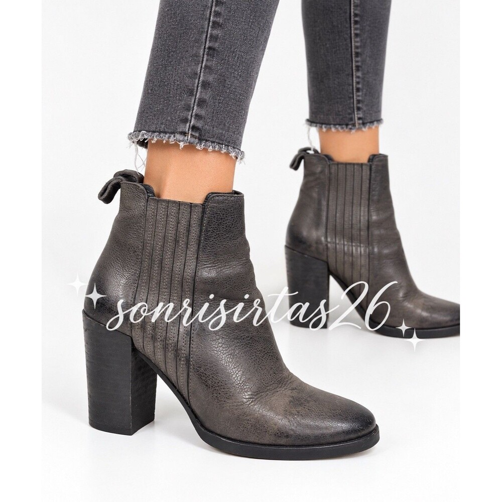 AllSaints Leather Ankle Boots 36 Gray Ombre Chunky Heel Moto Distressed Edgy